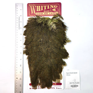 Speckled dyed Olive - Whiting Coq de Leon Hen Saddle (#4)