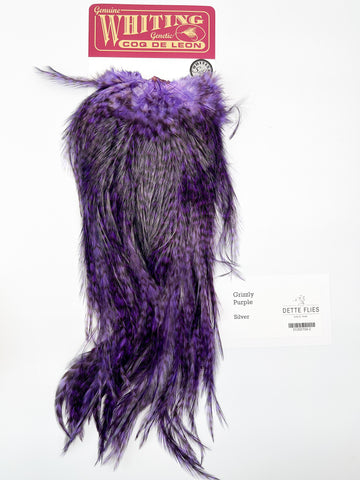 Grizzly dyed Purple - Whiting Coq de Leon Rooster Saddle | Silver Grade