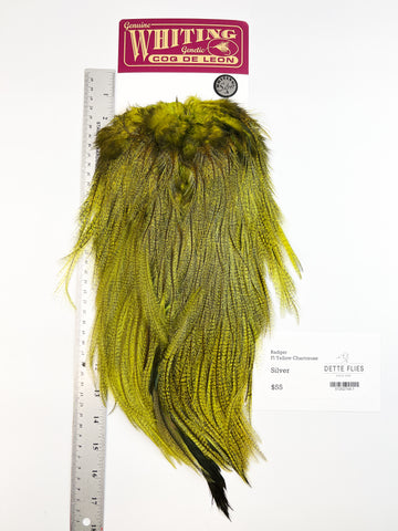 Badger dyed Fl Yellow Chartreuse - Whiting Coq de Leon Rooster Saddle | Silver Grade