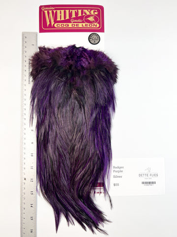 Badger dyed Purple - Whiting Coq de Leon Rooster Saddle | Silver Grade