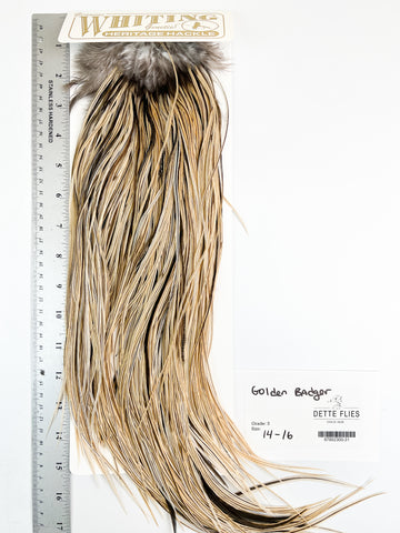 Golden Badger - Whiting Heritage Hackle Rooster Saddle - Grade 3