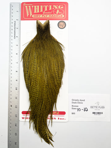 Grizzly dyed Dark Olive - Whiting Line Rooster Cape - Bronze Grade