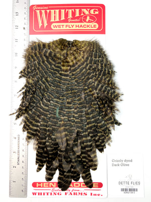 Grizzly dyed Dark Olive - Whiting Line Hen Saddle