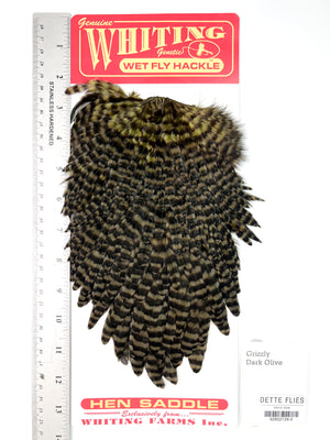 Grizzly dyed Dark Olive - Whiting Line Hen Saddle (#5)