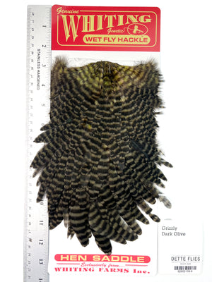 Grizzly dyed Dark Olive - Whiting Line Hen Saddle (#6)